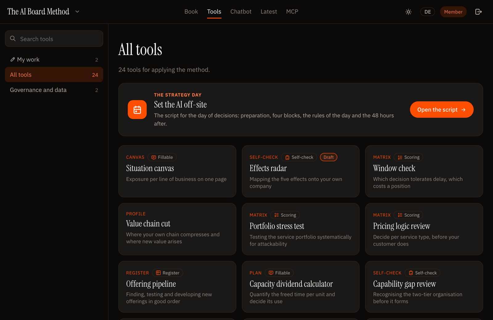 The library: 24 decision tools, with the off-site script as the entry point.