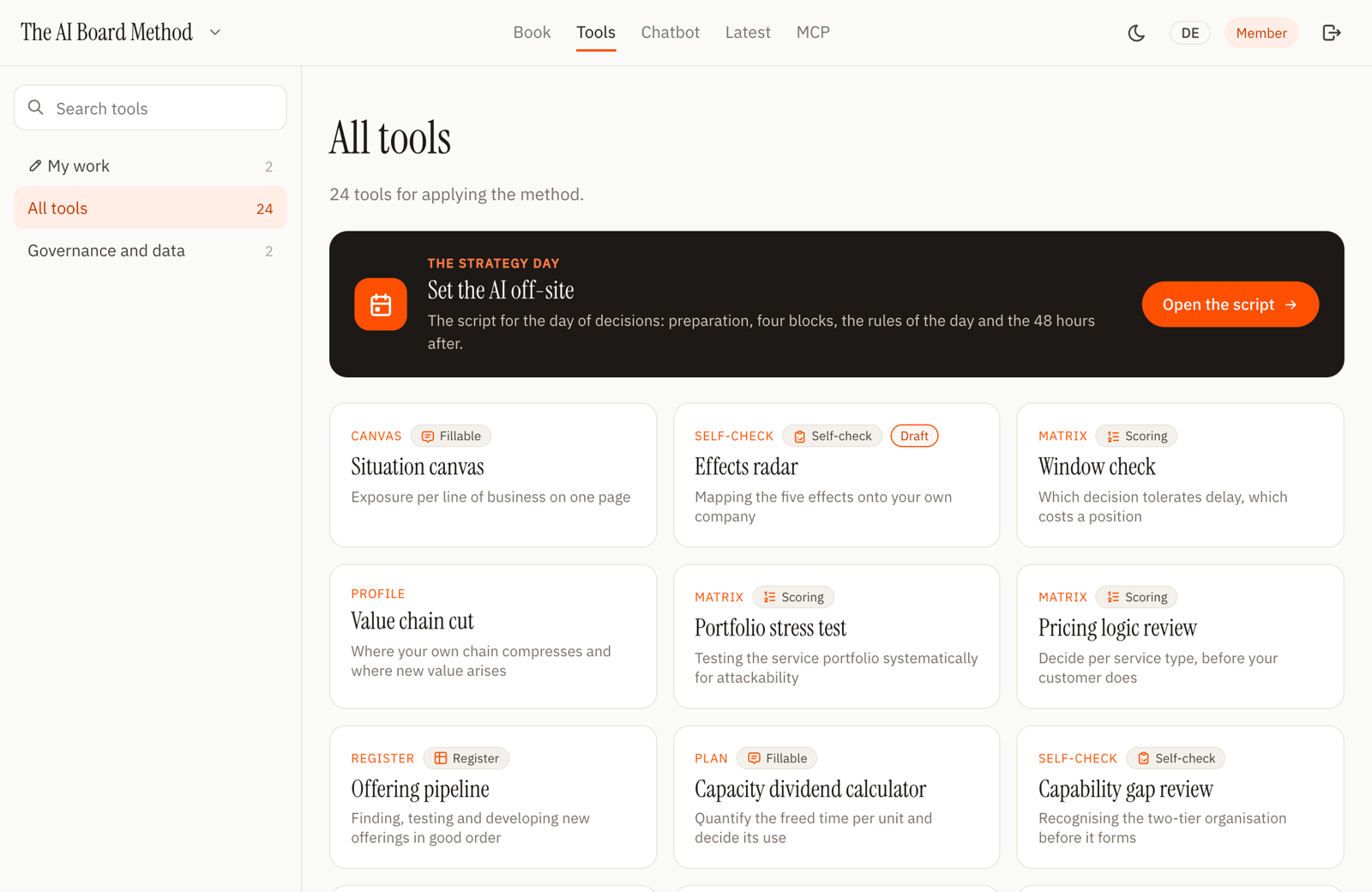 The library: 24 decision tools, with the off-site script as the entry point.